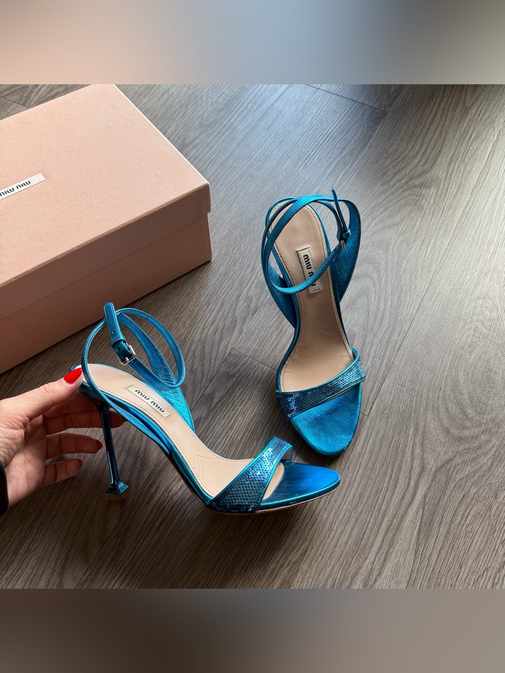 Miu Miu blue sequin metallic heels